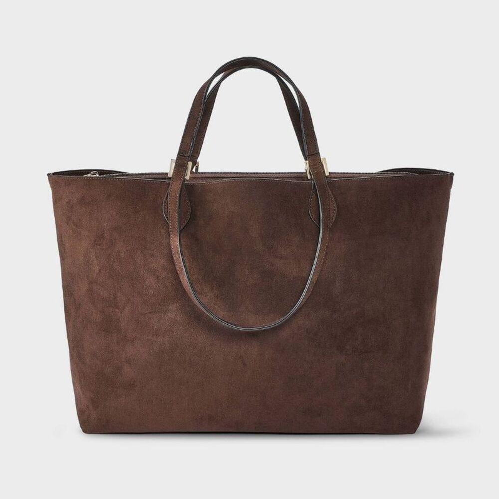 Dual Strap Triple Compartment Tote Bag - Brown